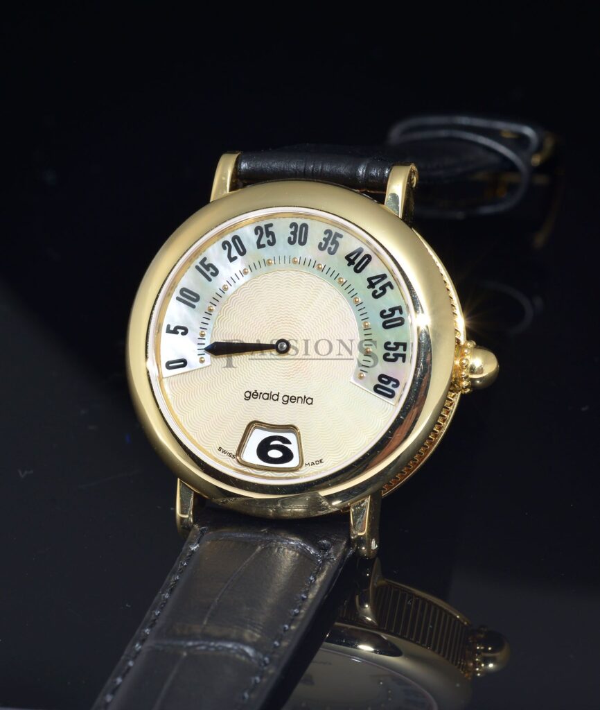 1998 Gerald Genta, 34mm Ref.G3614 “Retro Classic Jumping Hour” automatic in 18KYG with Pearl dial. B&P