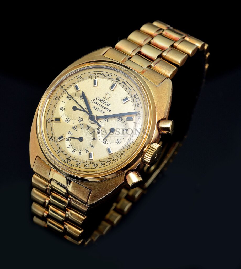 C.1968 Rare Omega 38mm “Seamaster Chronograph” retailed by Meister Ref.145.016 manual wind Lemania Cal.881 in 18KYG