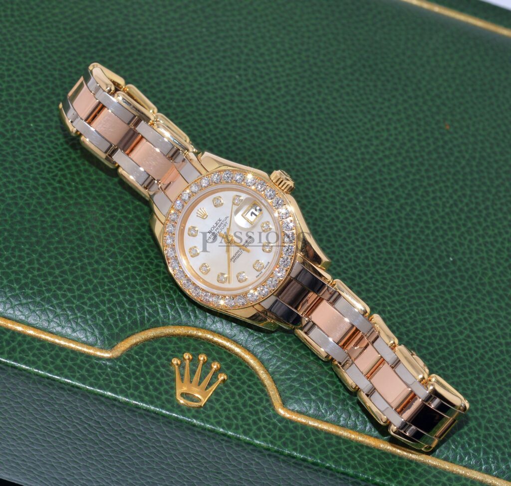 Rare 1995 Rolex Oyster Perpetual 29mm Lady’s Pearlmaster Tridor “Datejust” 69298 Pearl dial Diamonds and Diamonds bezel in 18K