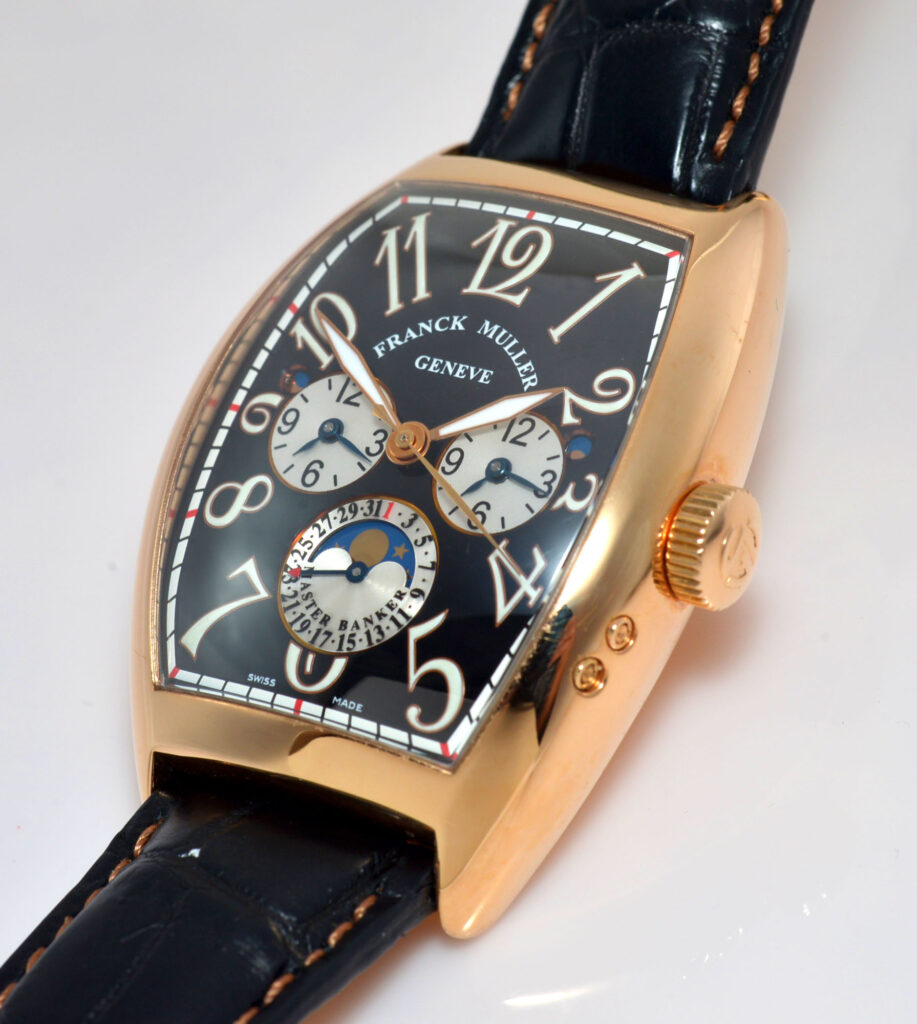 2014 Franck Muller, 39 x 55mm “MasterBanker” 3 time zones Moonphase Ref.8880MB L DT auto/date in 18KPG Svc’d